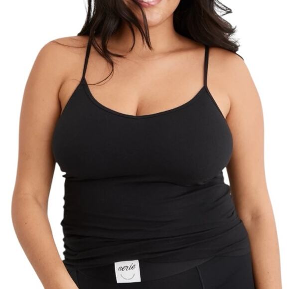 Aerie Black Ribbed V-Neck Tank Top Built-in Shelf Bra Cropped Summer Festival - Picture 1 of 13